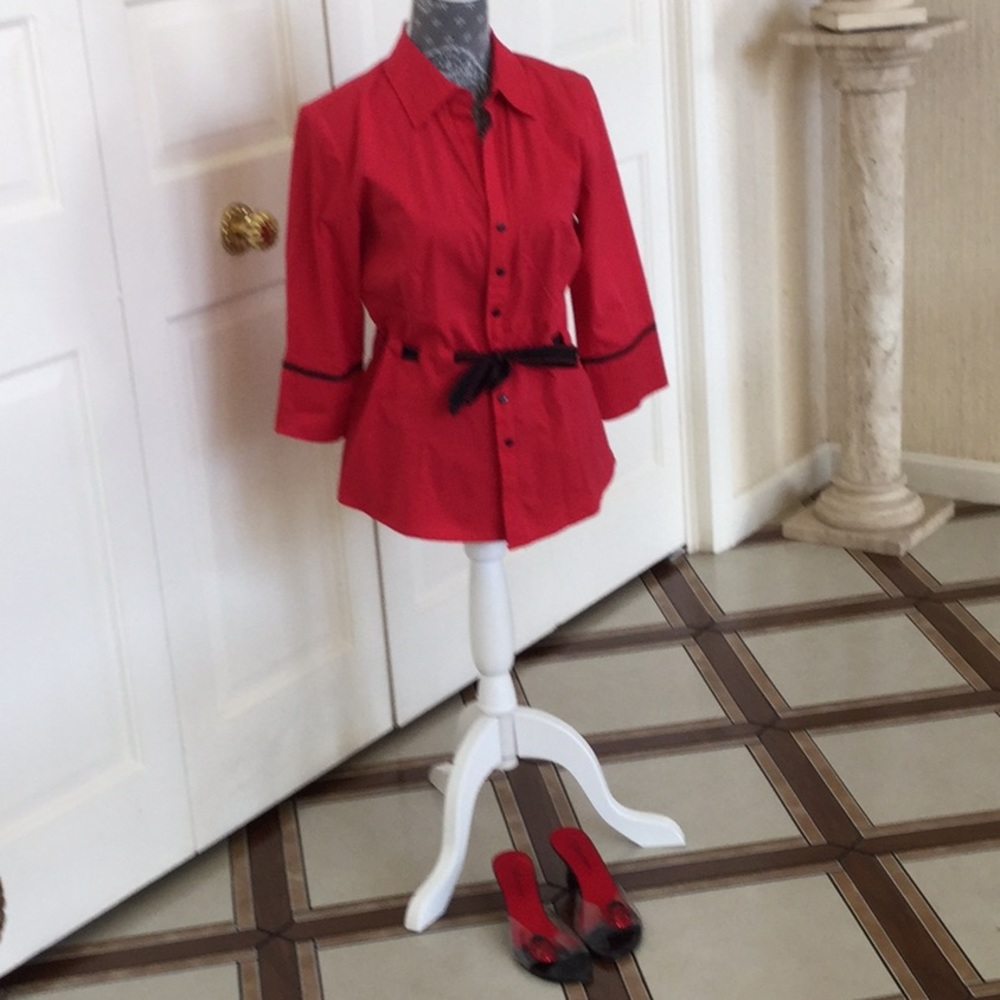 Red blouse with tie belt